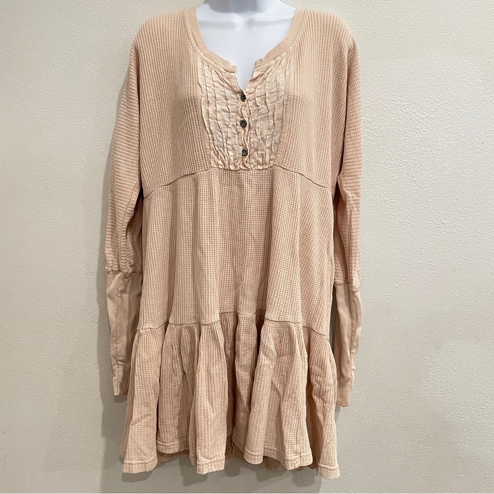 Free People Beige Waffle Knit Henley Thermal Tiered Mini Dress Boho Long Sleeve - Picture 2 of 8